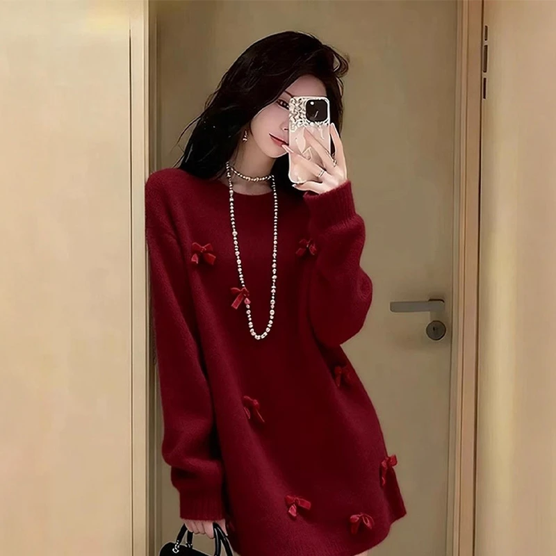 法式红色立体蝴蝶结针织连衣裙女秋冬季超好看新年圣诞穿搭短裙子