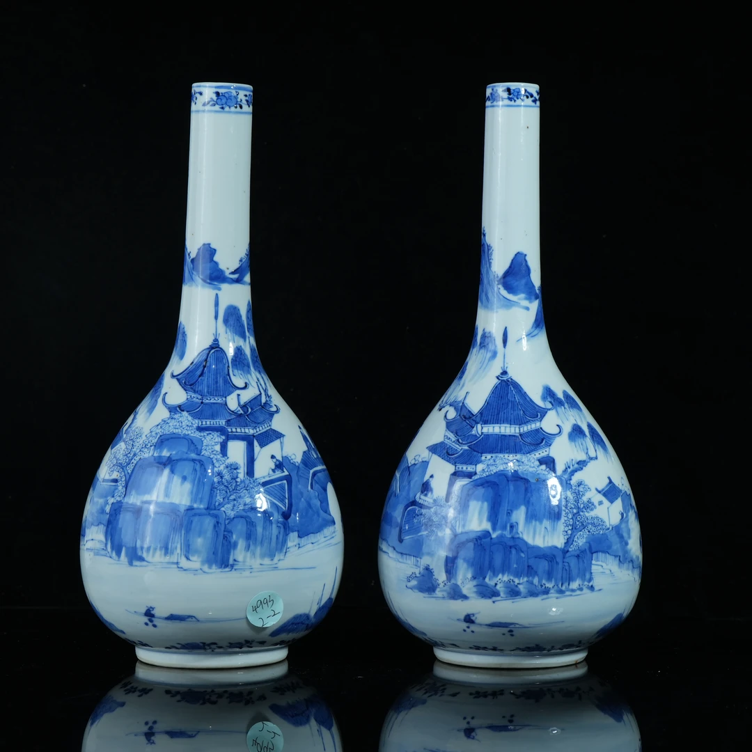 lot14890 4993清中期 青花山水人物胆瓶一对 H:30