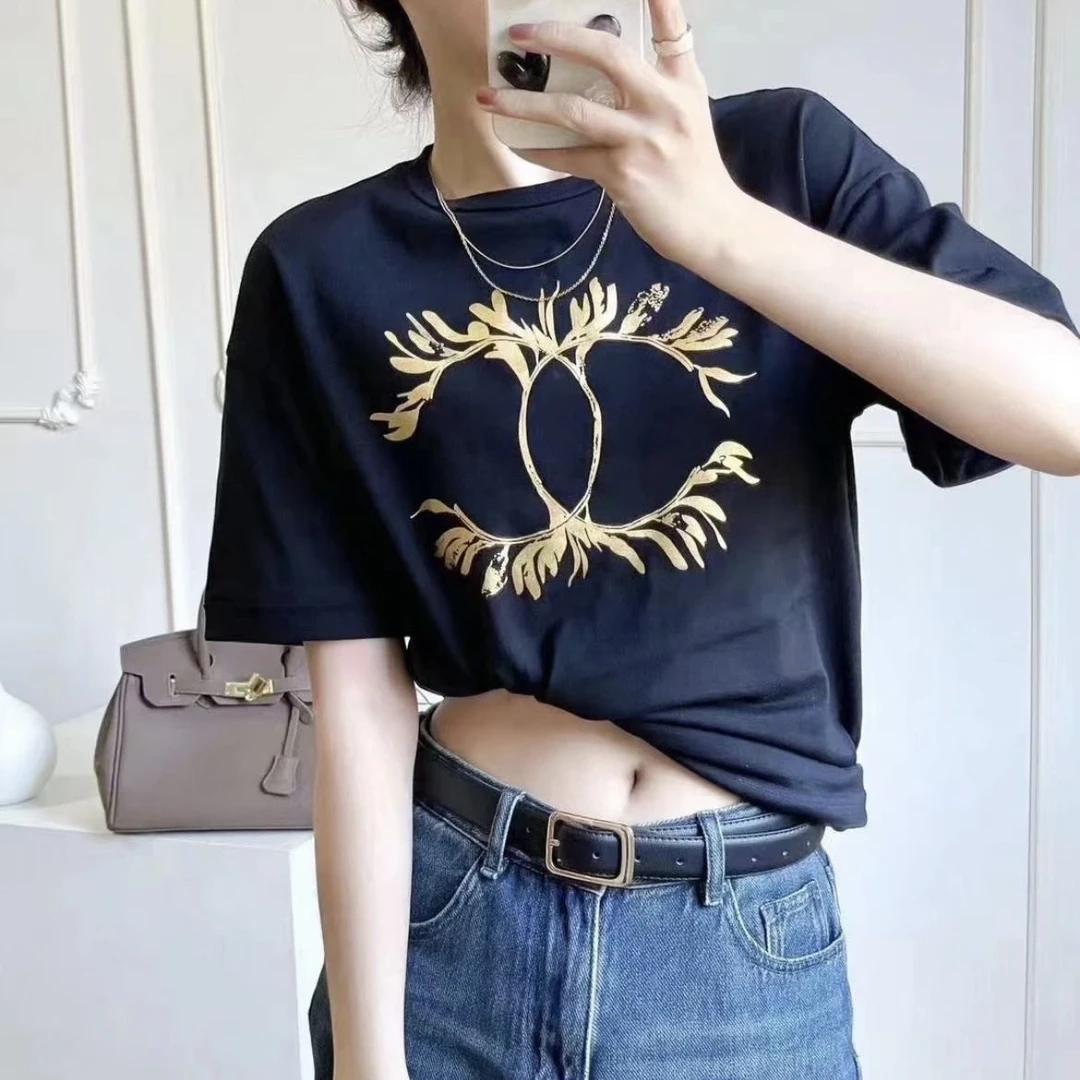 未使用 Chanel/香奈儿 肩折皱月桂枝双C大LOGO短袖  S码