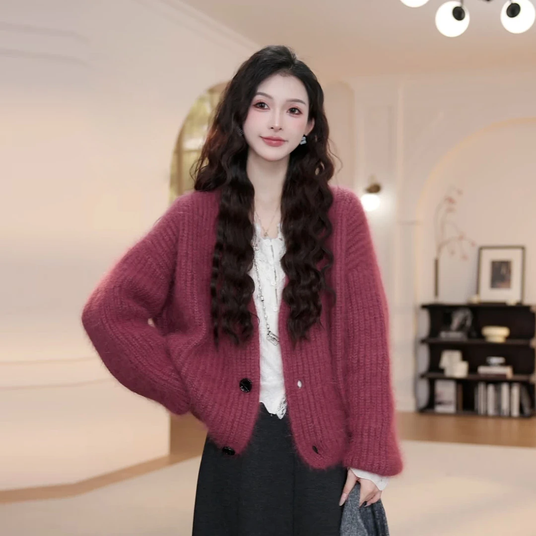 【YY·studio】玫红色v领毛衣外套女秋季新款宽松显瘦长袖针织衫8988