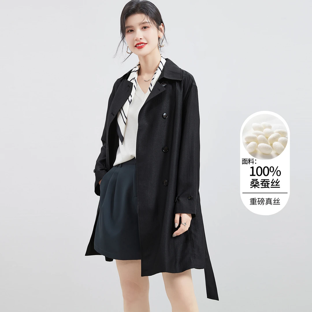 金菊19姆米【重磅桑蚕丝风衣开衫】初秋翻领纯色双排扣女式外套