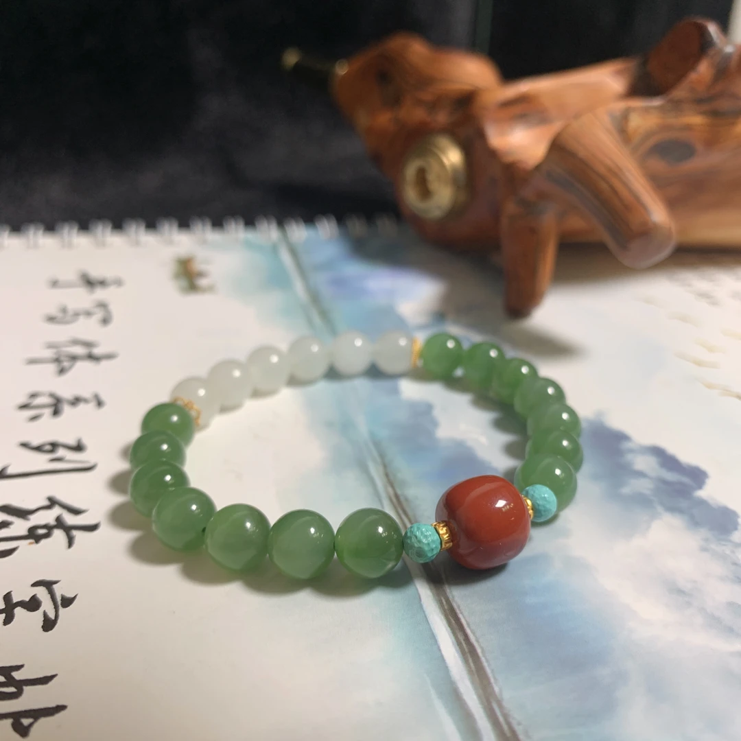 和田玉碧玉设计款配白玉南红绿松手串