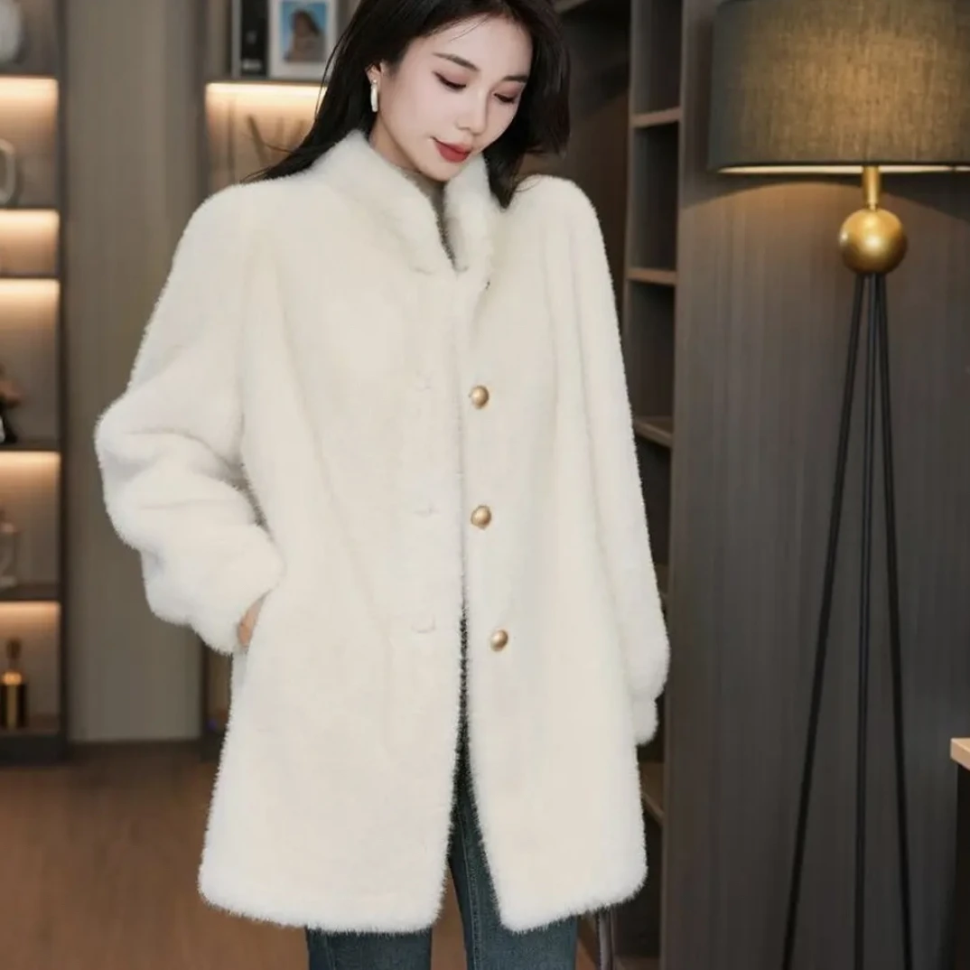 秋冬新款中长款毛毛外套小铜扣泡泡袖大衣外套（717中长）