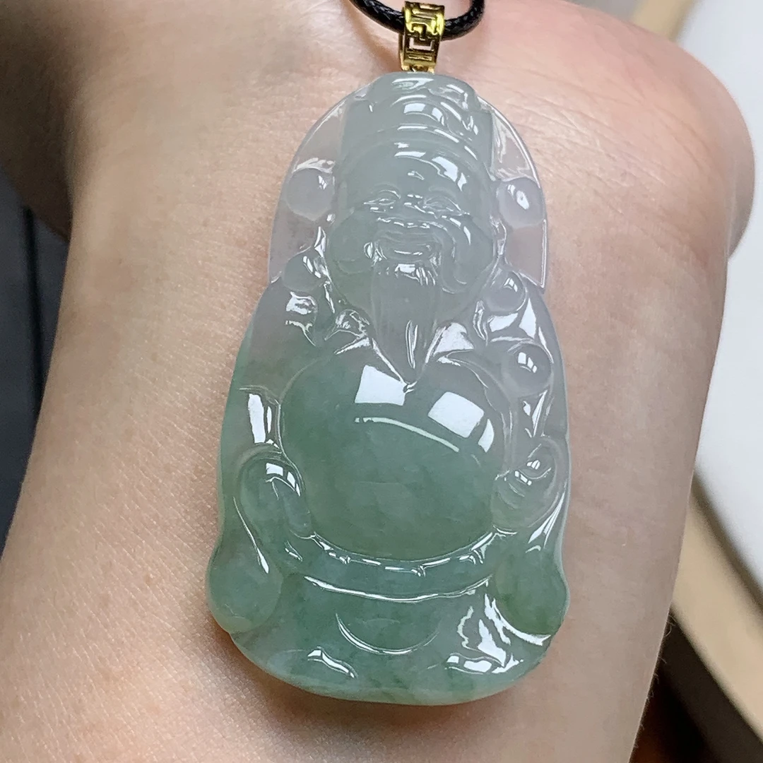 缅甸天然A货翡翠18K金扣头镶嵌冰润飘花财神爷吊坠