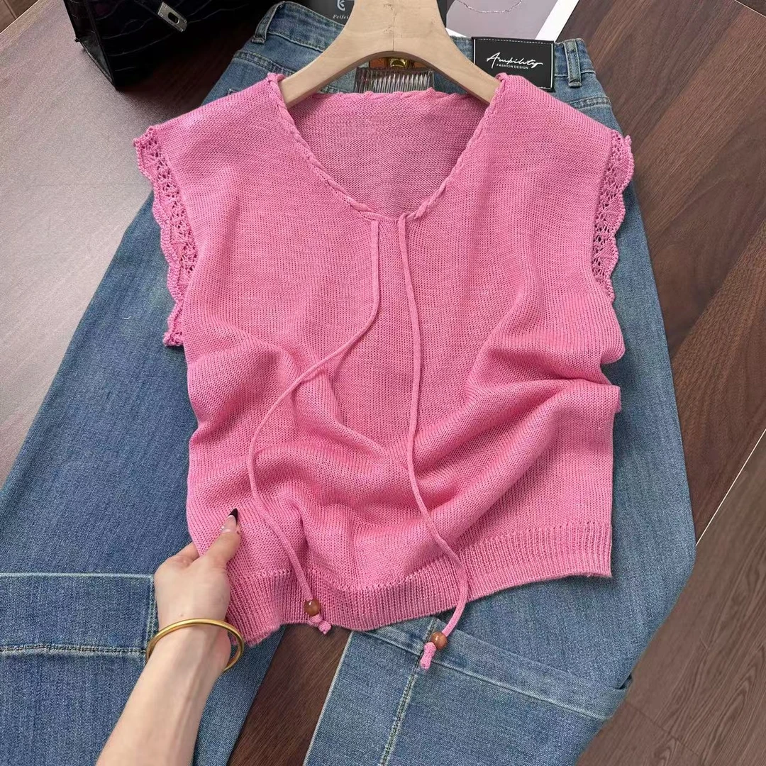 无袖蕾丝花边背心~巨巨显白透气很凉快！夏日穿搭清爽针织衫Y7425