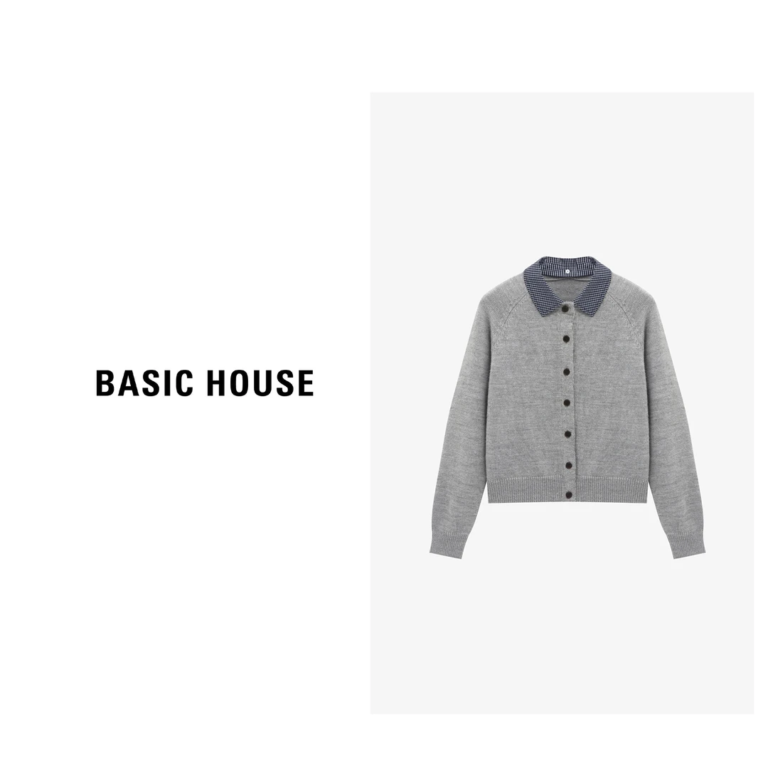 Basic House/百家好秋季新款简约高级格纹翻领毛衣-B0625B5NOZ2