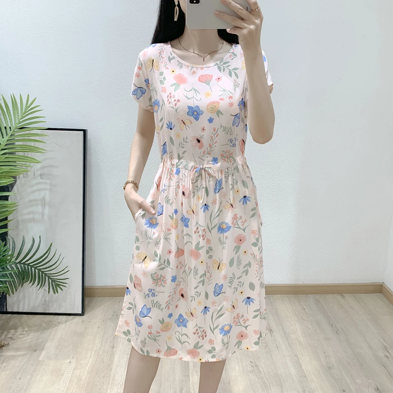 2025夏季新款碎花棉绸连衣裙外穿女薄款有口袋中长人造棉外出裙子