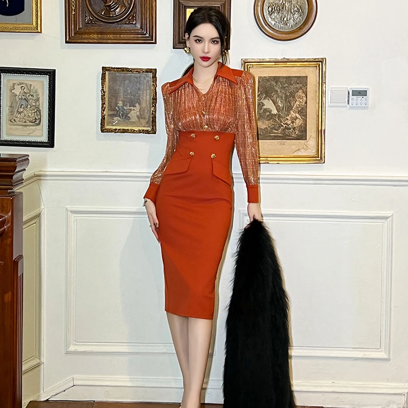 婷婷衣恋50727秋装新款OL通勤职业装翻领拼接高腰包臀长袖连衣裙