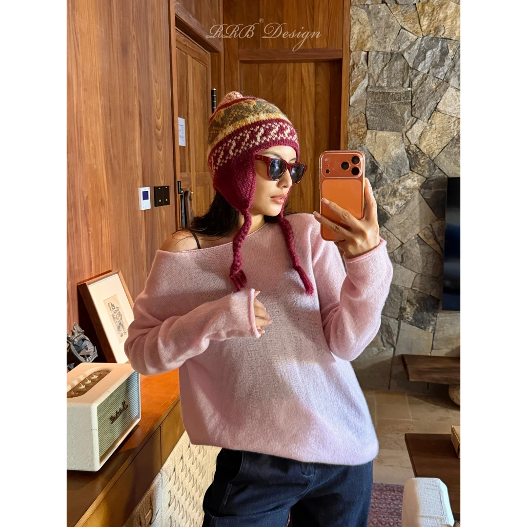 RRB Design 羊绒羊毛混纺亲肤保暖时尚一字领长袖百搭毛衣上衣