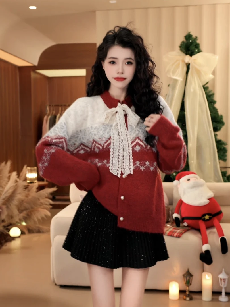 费尔岛复古提花红色新年氛围感毛衣秋冬设计感宽松慵懒风开衫#778