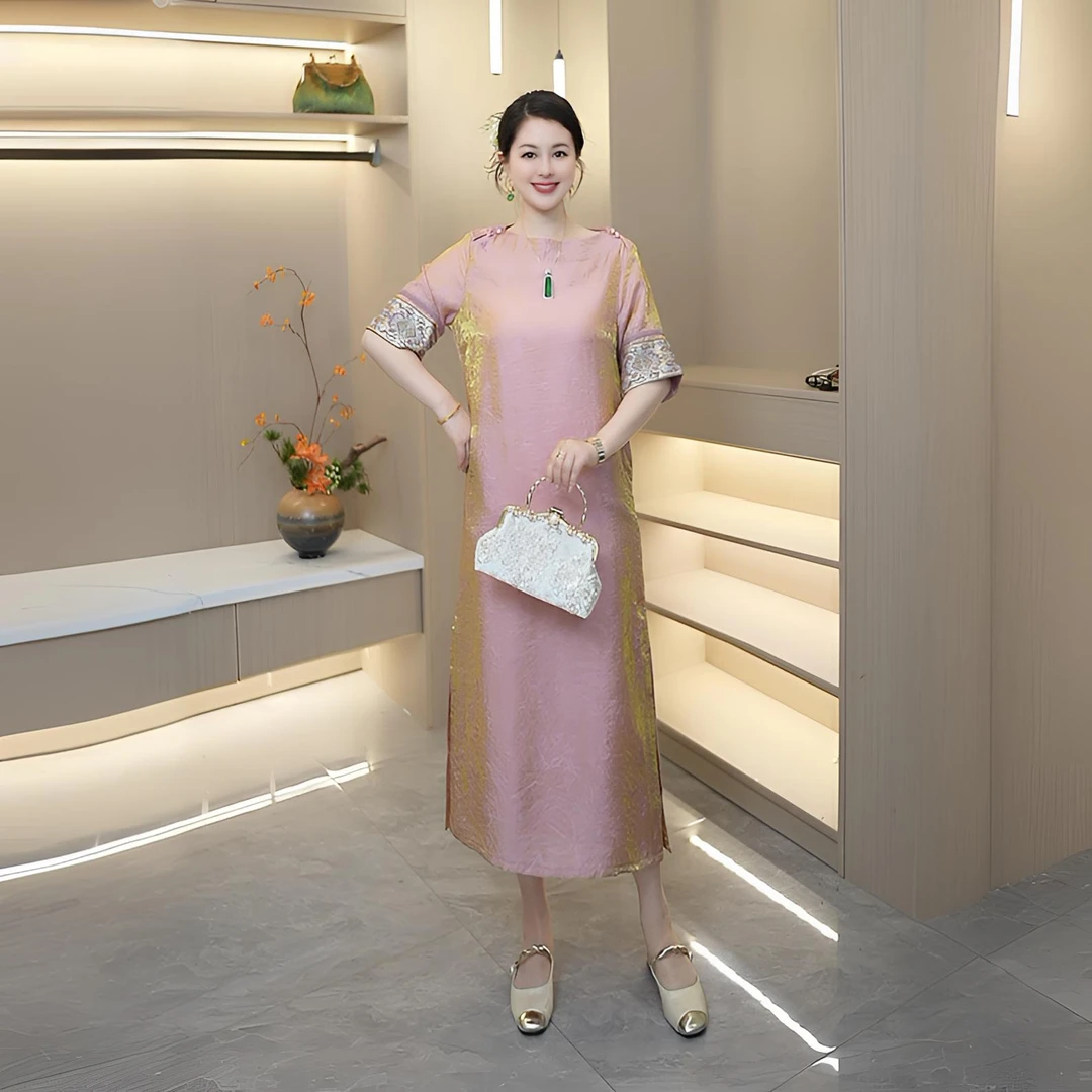 金粉世家新中式新款百搭斜襟不褪色短袖绫罗提花连衣裙中长款复古