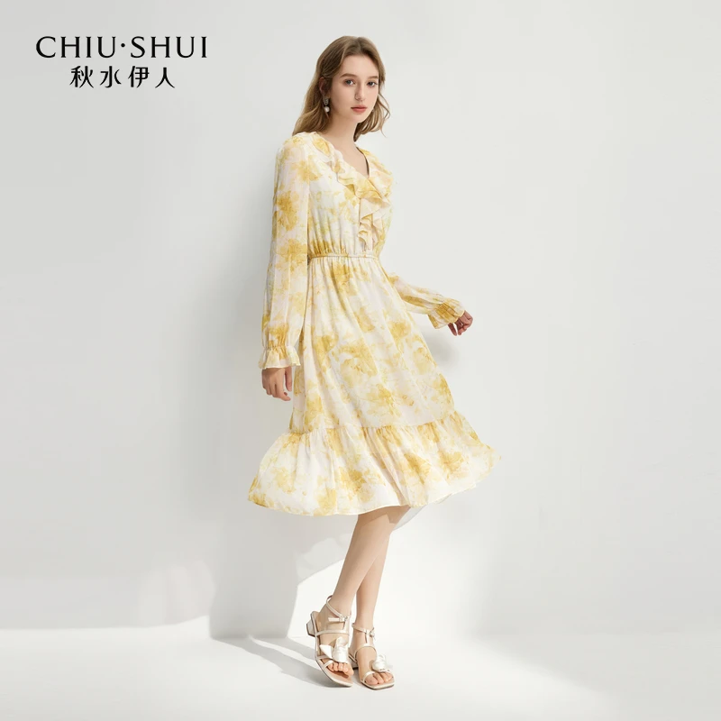 【辛小北】秋水伊人V领松紧收腰连衣裙春女中长裙625101E020475