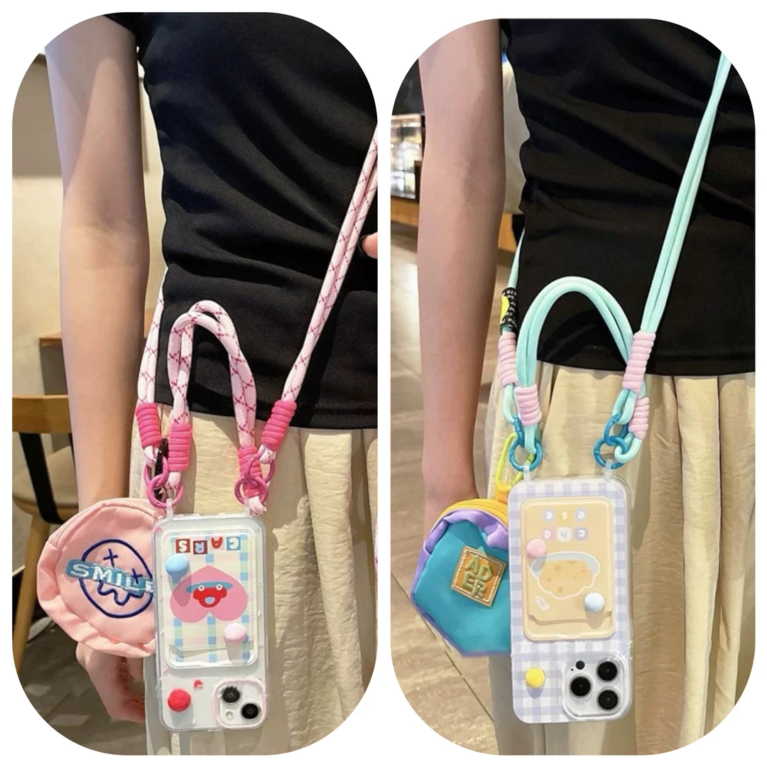 格子爱心卡包手绳斜跨零钱包适用苹果16手机壳华为vivo小米oppo软