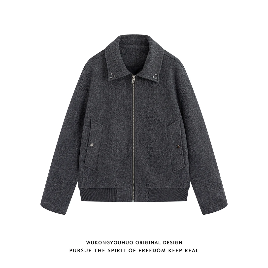 悟空有货冬季潮牌毛呢夹棉翻领棉衣男女复古情侣百搭保暖休闲棉服