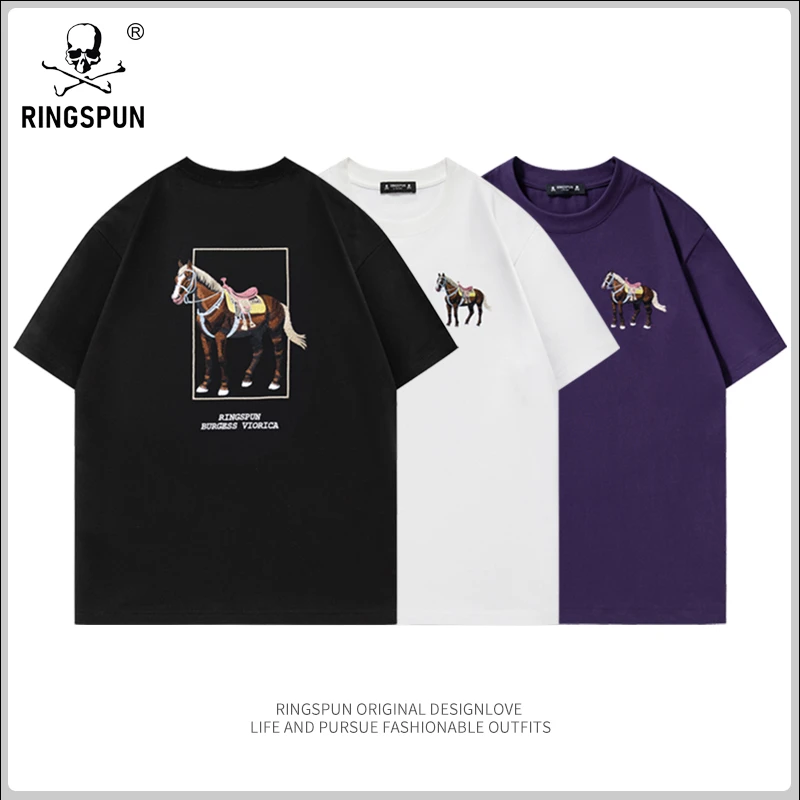 RINGSPUN【骏马】重磅万针刺绣可变色潮牌T恤 圆领T恤衫男女同款