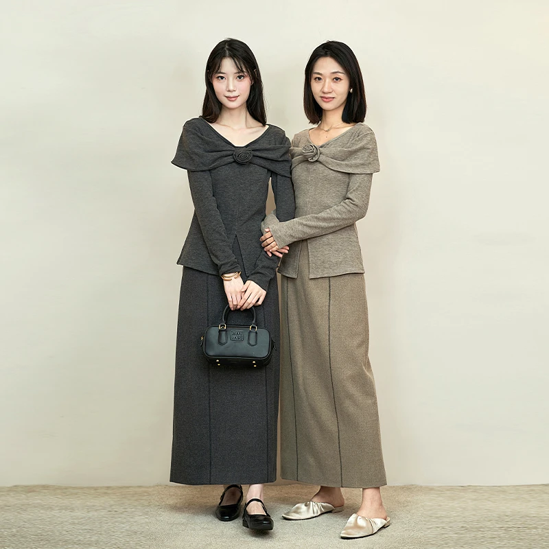 MOVE BY 立体花朵法式复古针织衫开叉显瘦百搭套装Q76999 Q76959