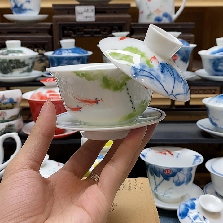 手绘五彩悬停盖碗150cc釉下彩微瑕福利款