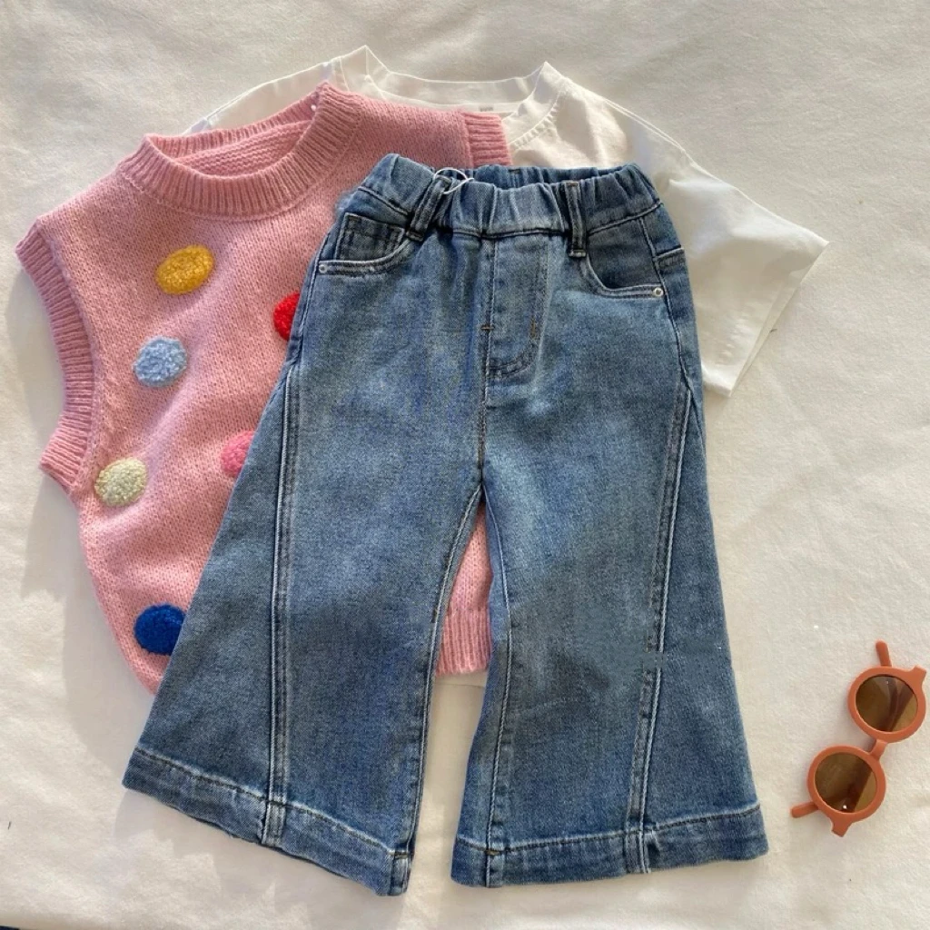 女童韩版春秋百搭宽松微喇牛仔裤