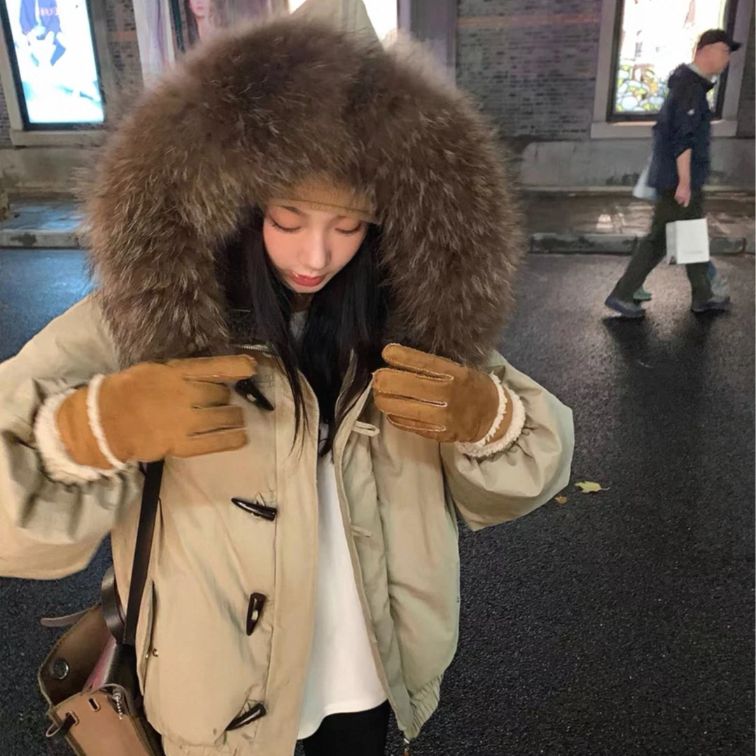 牛角扣大毛领连帽棉服外套女短款冬季韩系小个子加厚工装派克服