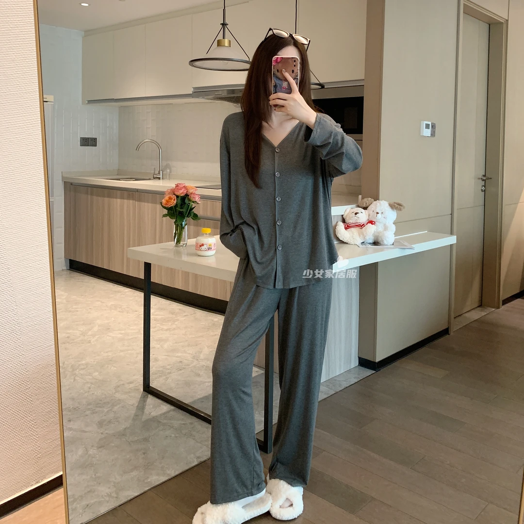 慵懒风睡衣女春秋季新款网红长袖排扣纯色宽松家居服睡衣秋款女