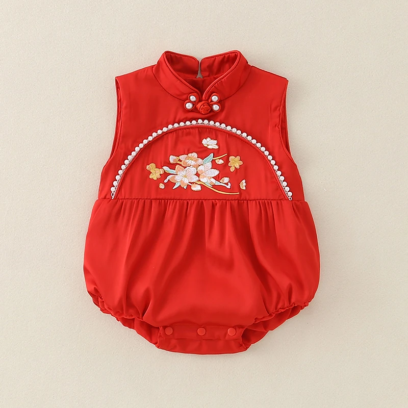 包屁衣女宝宝夏装薄款新生婴儿夏季红色喜庆衣服满月百天周岁礼服