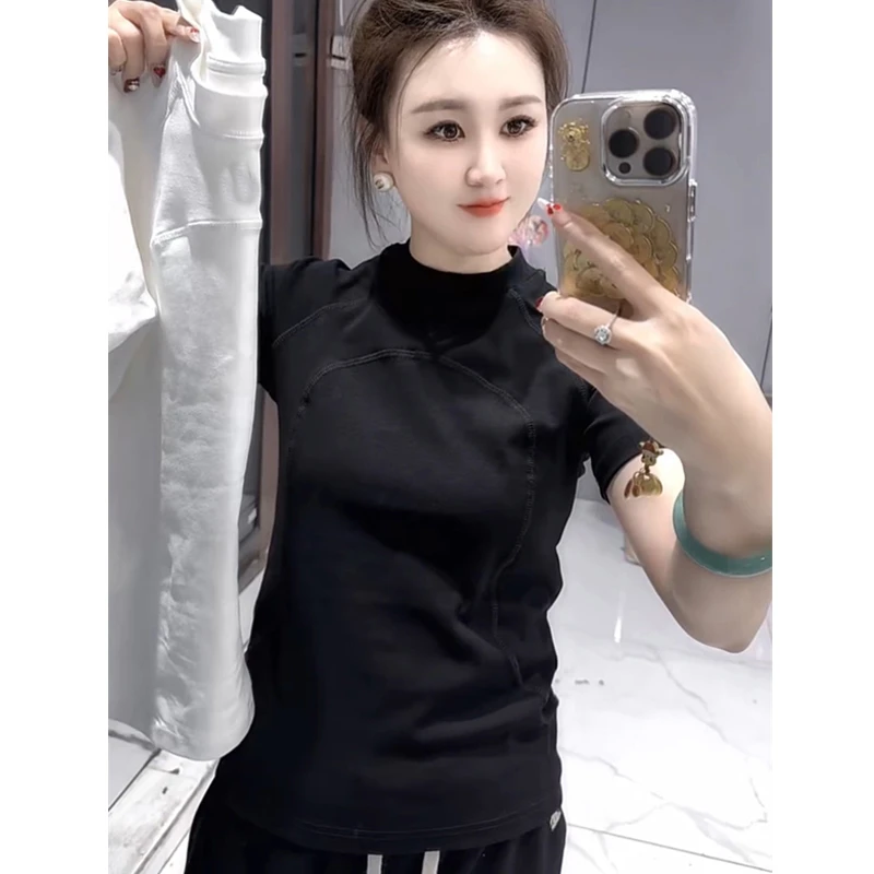 黑色短袖正肩t恤女款2025新款爆款春秋夏打底衫女内搭白色上衣