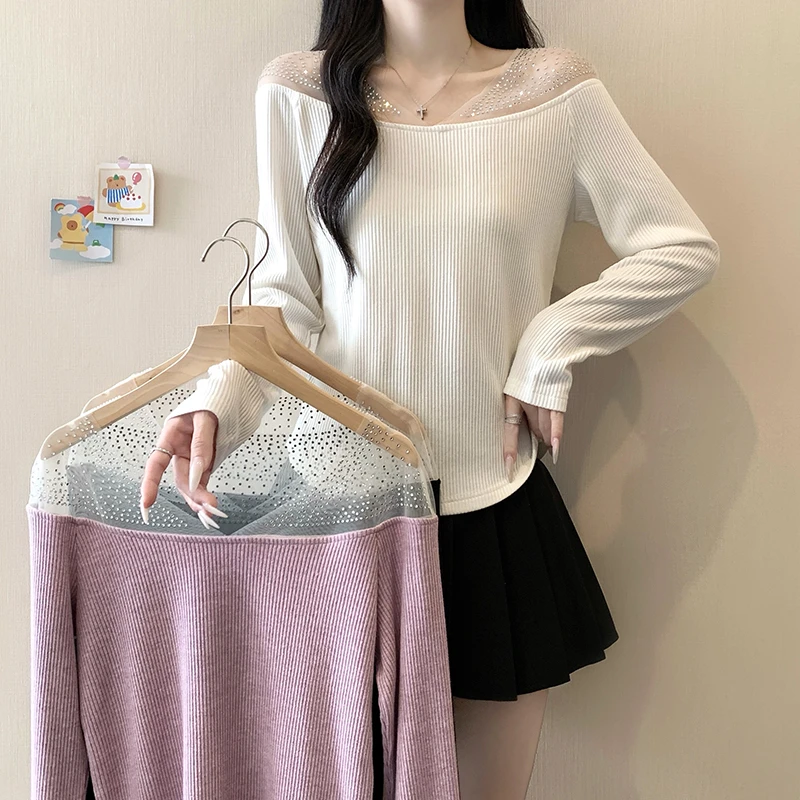 【wy】大码女装新款秋冬设计感重工烫钻拼接性感V领长袖针织衫3830