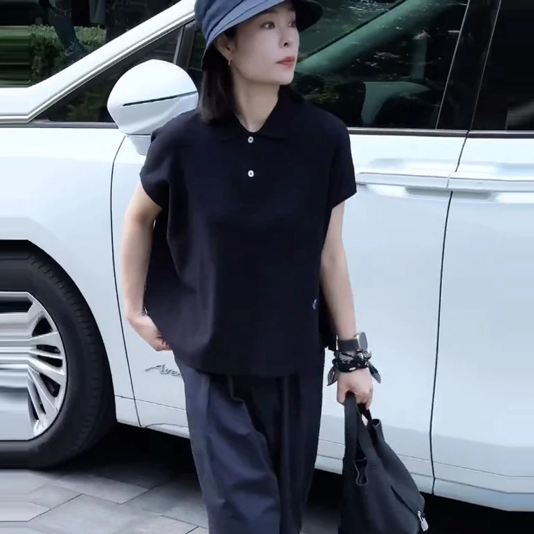 夏季新款洋气衣服女高级感简约百搭polo领短袖T恤小衫显瘦上衣潮