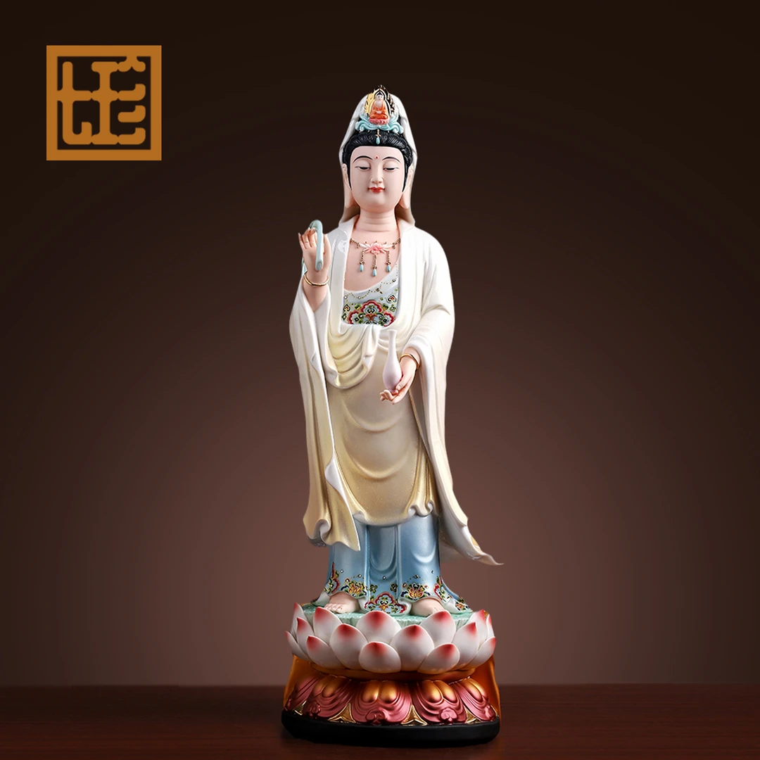 七珍陶瓷摆件《立莲台杨柳观音》立像观世音瓷像家用摆件
