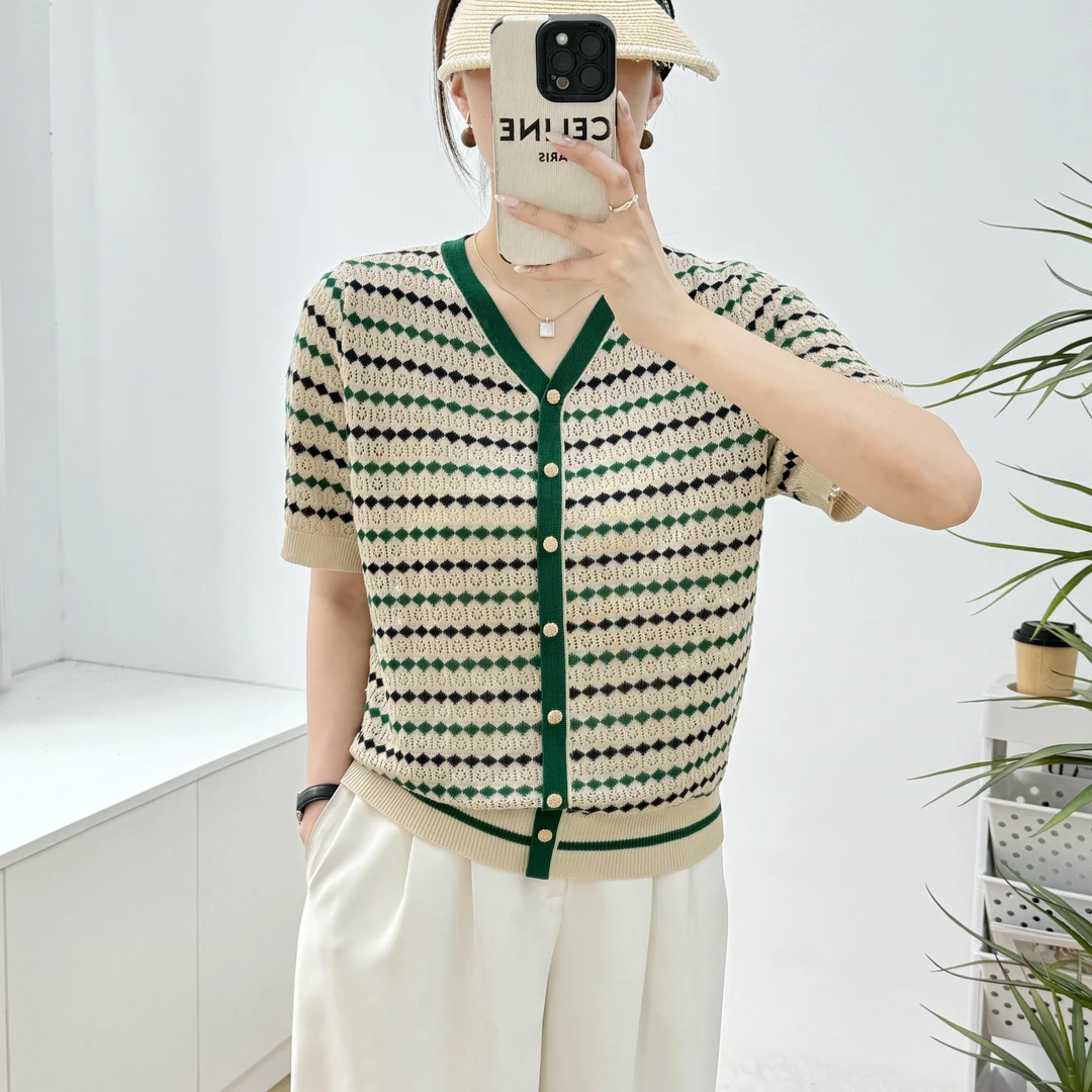 i【绿条】 莱赛尔条纹撞色柳叶绿方格2025夏季针织假开始T恤套头