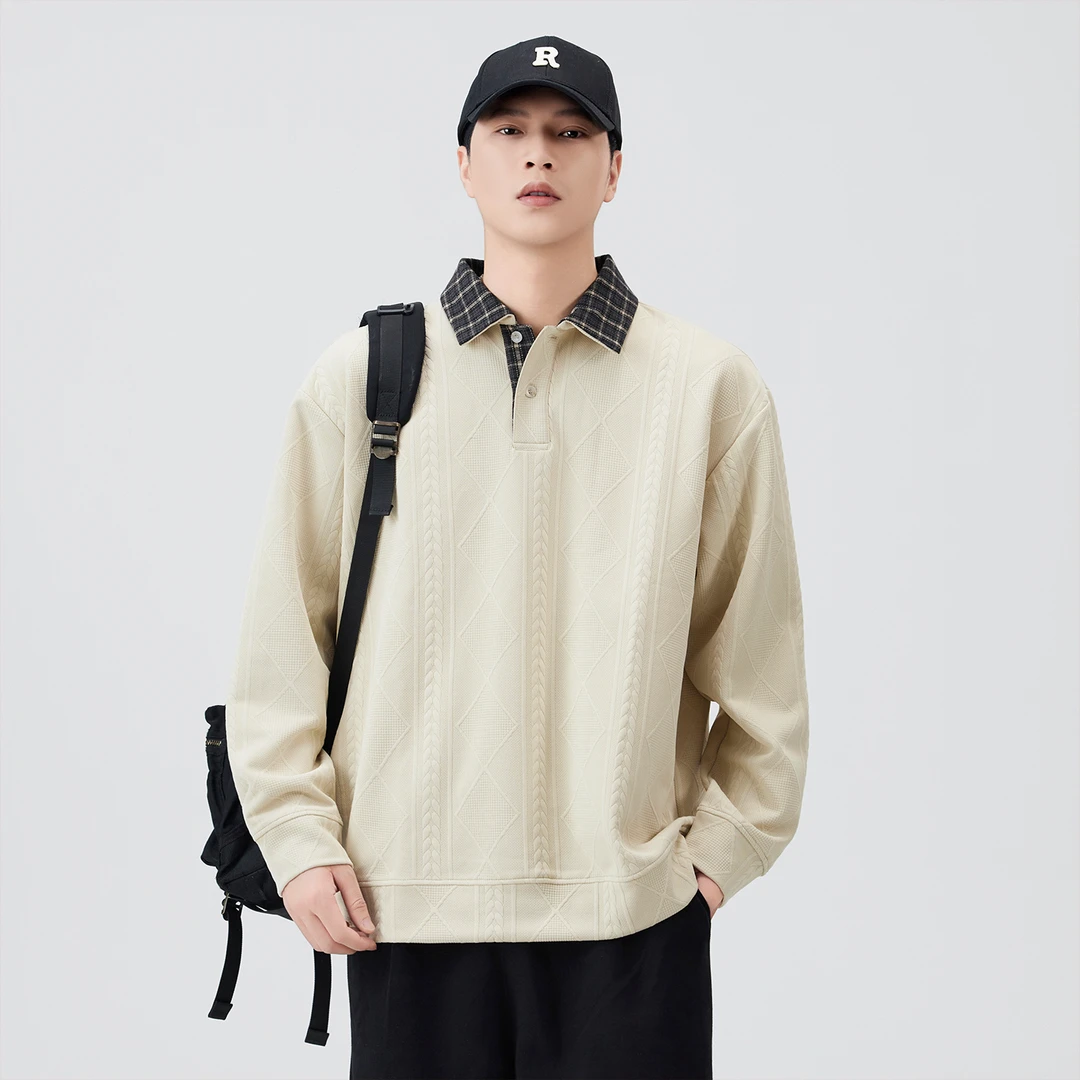 运动卫衣秋季潮流春秋翻领男士宽松POLO卫衣拼接男休闲情侣假两件