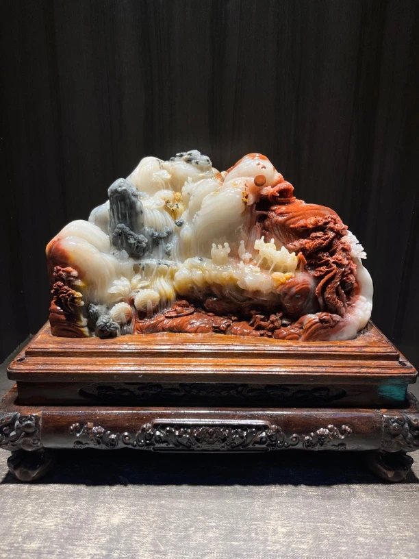 寿山石高山晶山水摆件工艺品、质地水润通透结晶、雕刻工细琢精致