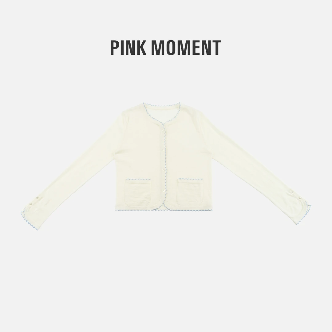 PM王囡囡 “白栀茉莉”米白色撞色绵羊毛薄针织衫 ND1A0076