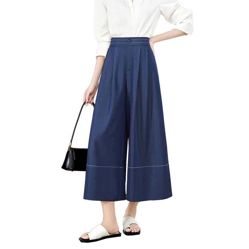 她池2025春装新款女装撞色松紧高腰八分裤休闲阔腿裤T51B0004K