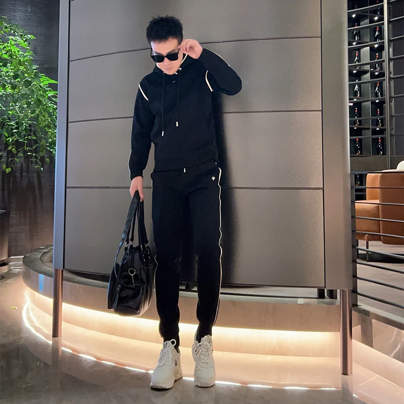 韩版时尚休闲运动套装男春秋款百搭宽松拼接连帽卫衣束脚裤两件套