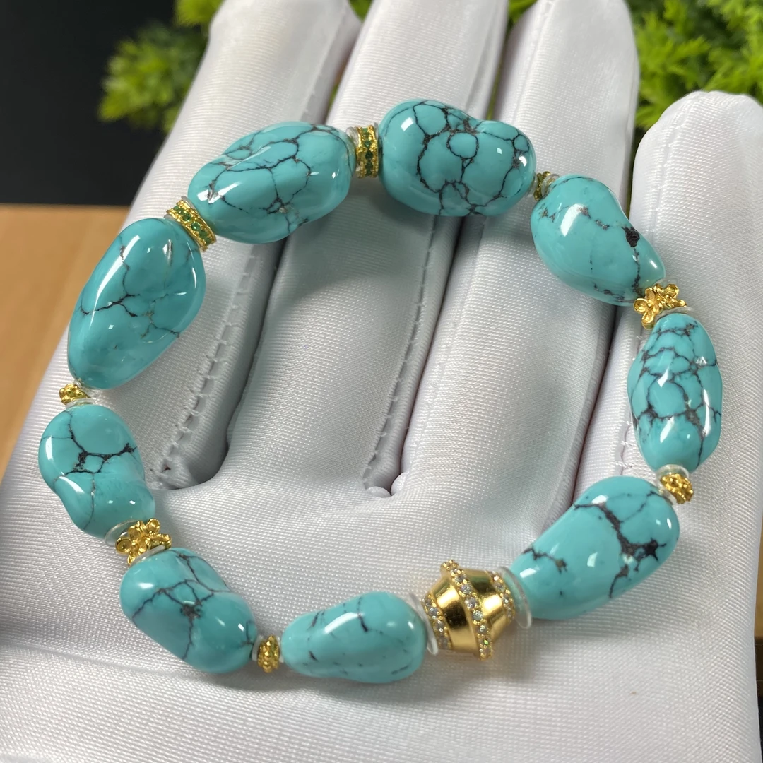 原矿绿松石精品随形手串 尺寸9-16.8mm，松石净重22.9g，圈围15cm