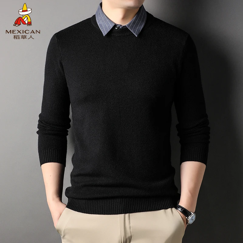 稻草人假两件男士毛衣针织衫冬款弹力百搭上衣SZD1203