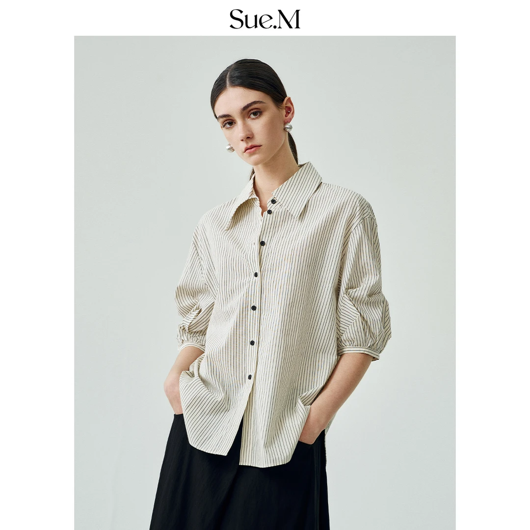 Sue.m黑白条纹七分袖花苞袖衬衫女士2025夏季新款通勤亚麻衬衣女
