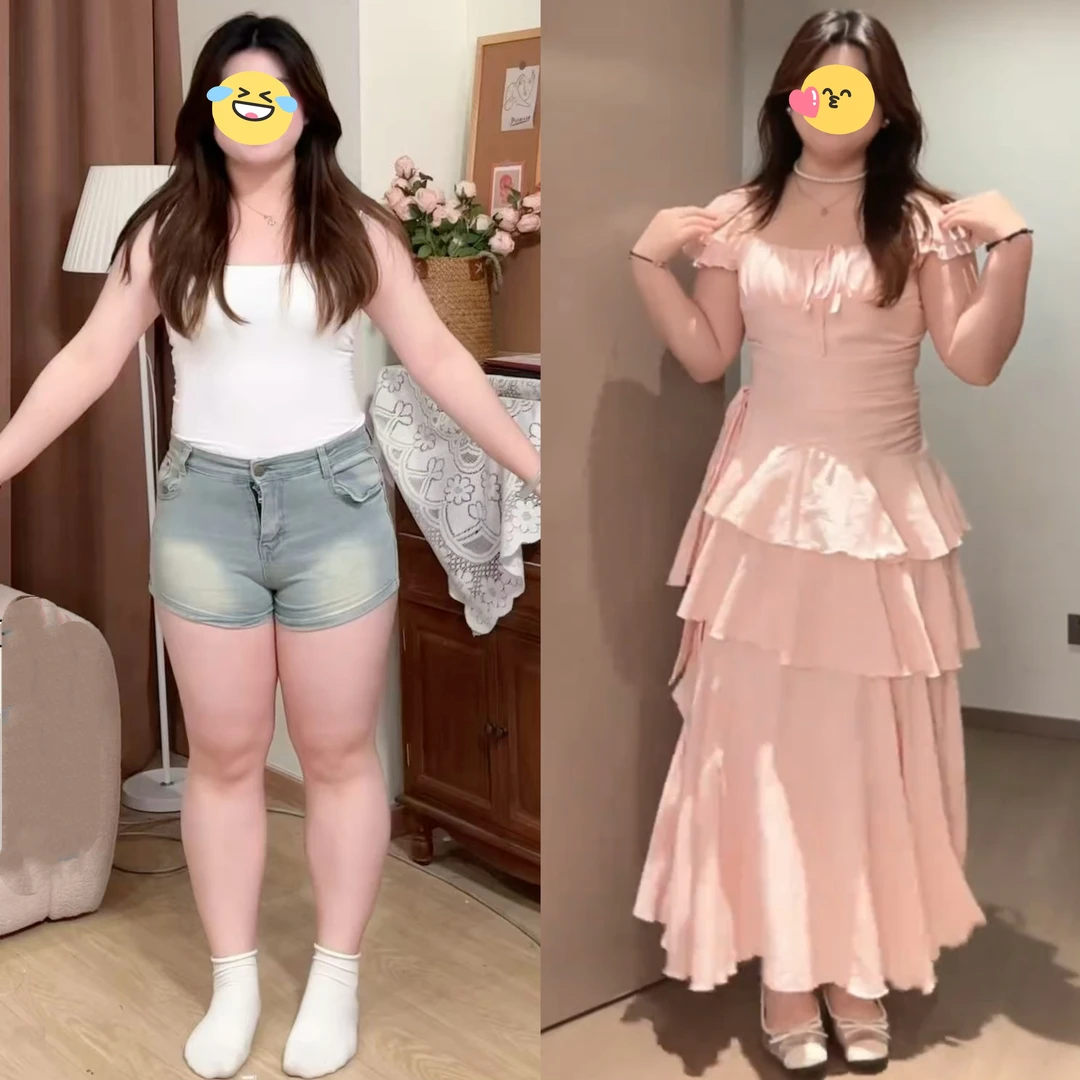 大码胖mm甜美风不规则方领连衣裙女夏季收腰褶显瘦荷叶边拼接长裙