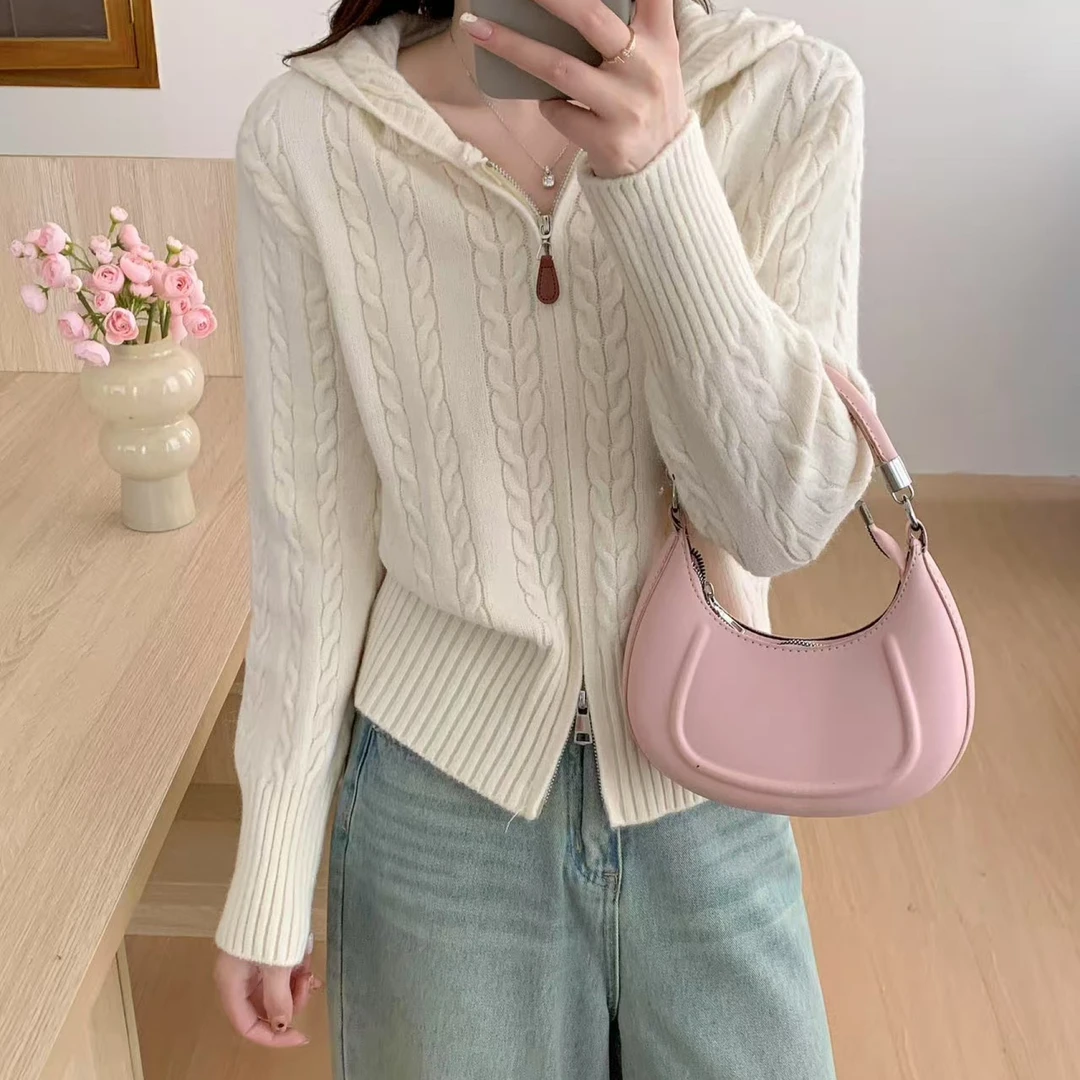 2025新款连帽韩系甜美针织开衫女收腰显瘦长袖针织衫