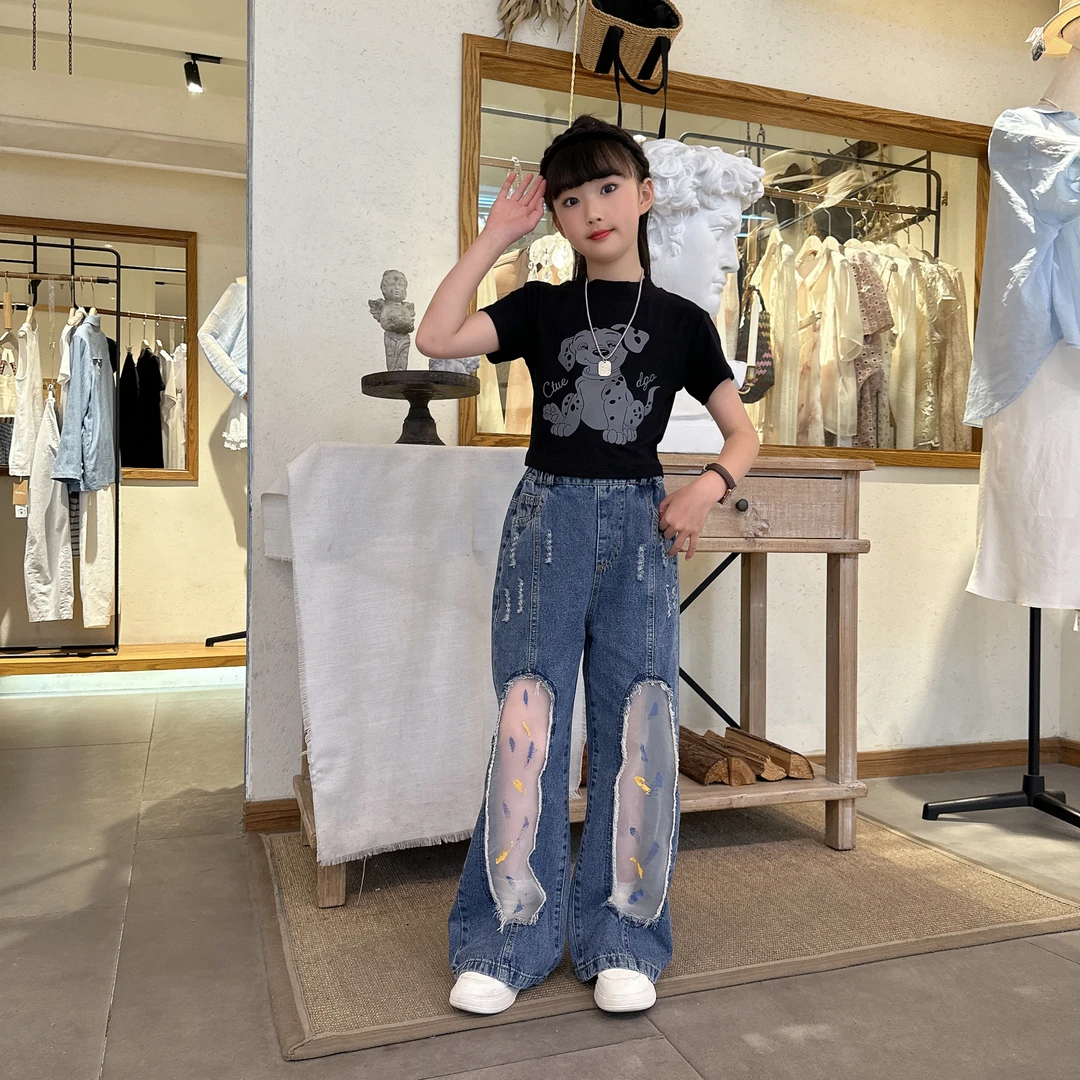 女童洋气夏季薄款牛仔裤子T恤套装2025新款休闲网红大童装两件套
