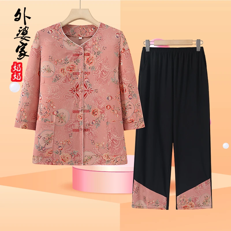奶奶夏装套装中老年女装短袖T恤女老年人衣服夏季妈妈装两件套