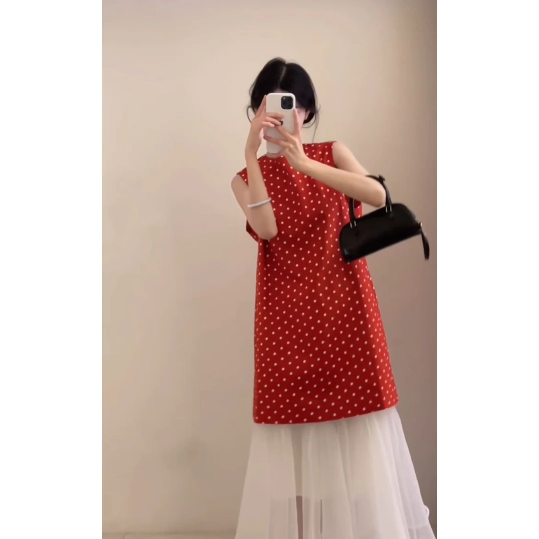 法式复古浪漫红色波点连衣裙无袖背心裙网纱半身裙套装