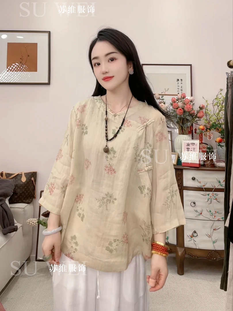 8069-2休闲风苎麻花朵中袖衬衫春夏女装文艺中国风百搭印花小衫
