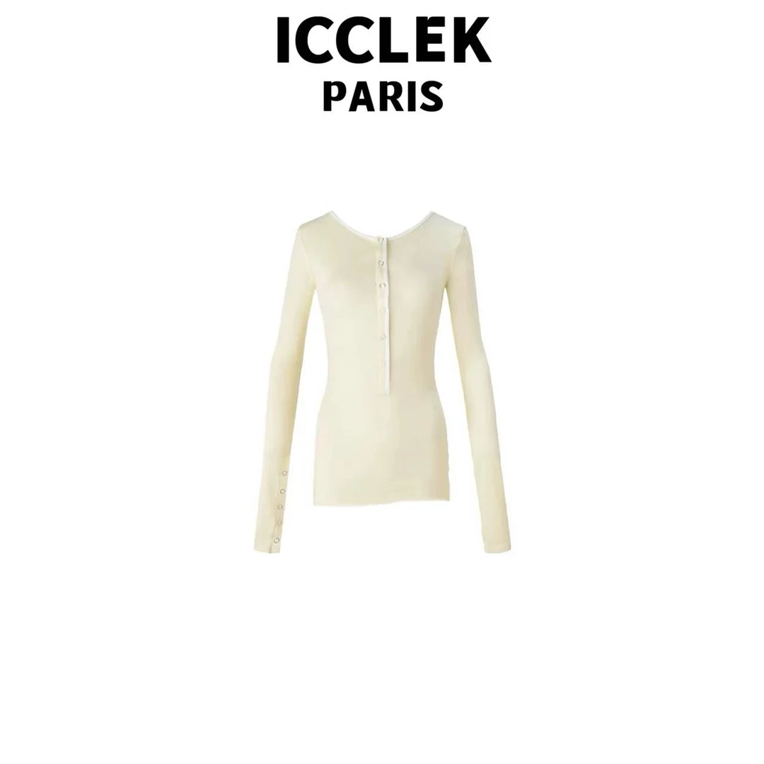 ICCLEK 淡黄色V领长袖气质轻奢名媛秋冬百搭简约打底  - 9016