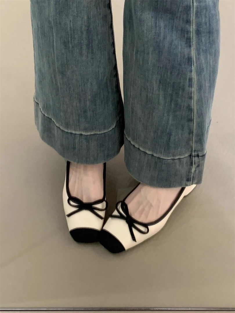 粗跟版 法式小香风蝴蝶结仙女单鞋女春秋季方头浅口一脚蹬奶奶鞋