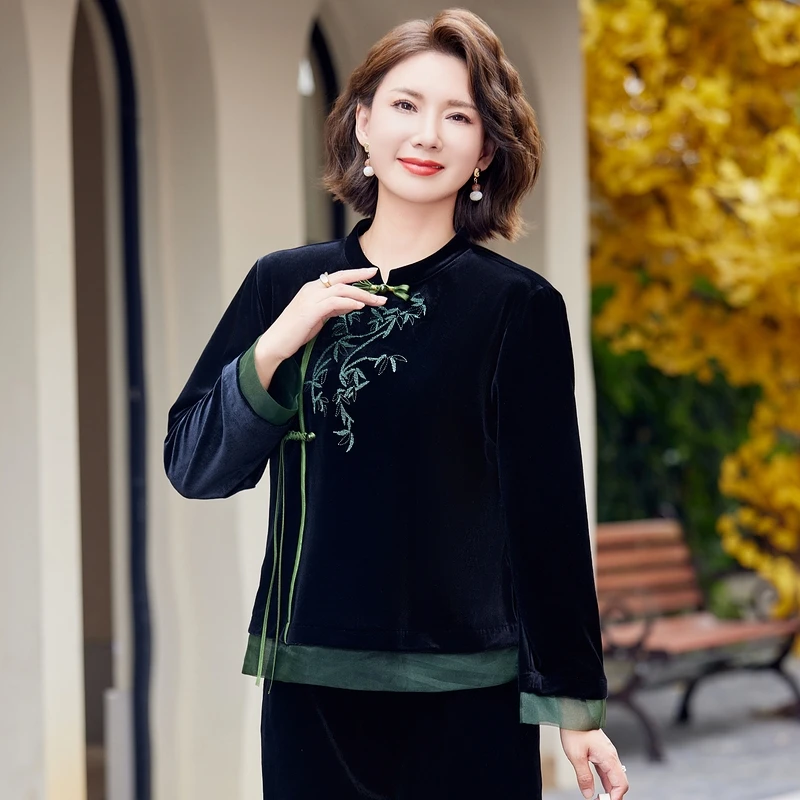 早春新款时尚妈妈装长袖丝绒上衣气质女装盘扣小衫新中式百搭上衣