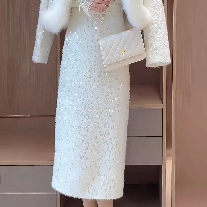 8088-G-1-1-1    小香风亮片半身裙新款高腰显瘦后开叉中长包臀裙