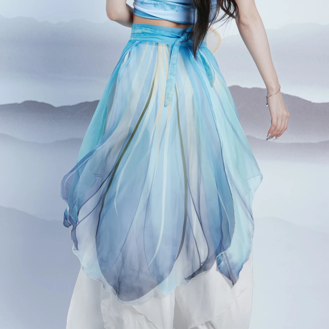 肉+盖  原创敦煌飞天舞蹈服女飘逸仙气蓝色系带裙