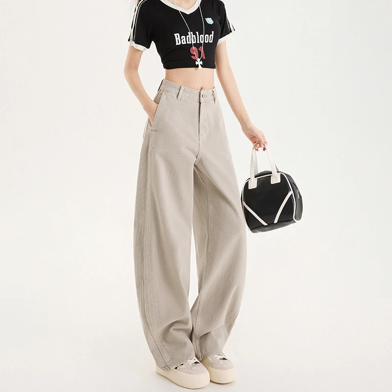 莫兰迪灰弯刀牛仔裤女春季2025年新款拼接宽松显瘦百搭阔腿镰刀裤